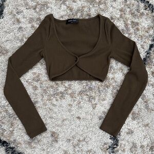 White Fox Boutique Brown Long Sleeve Crop Top Cardigan